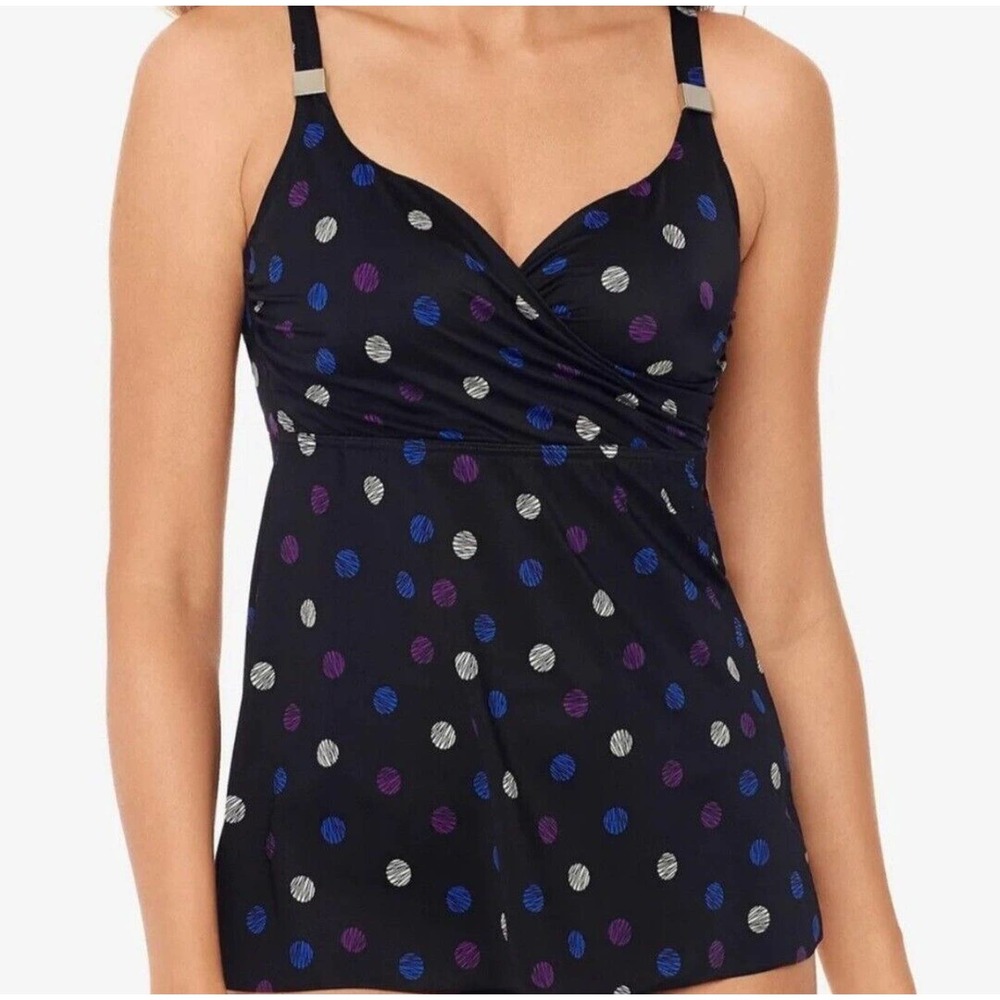 Miraclesuit Multi Spot Surplice Tankini Swim Top Size 34DDD Black Polka Dot NWT